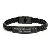 Funny Tax Preparer Gifts from Friends for Tax Preparer, My Heart Belongs To A Tax Preparer Interlaced Leather Bracelet, Graduation Unique Gifts - Image 1